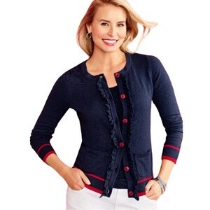 Talbots Soft Cotton Blend Knit Nautical Navy Cardigan Sweater Red Anchor Buttons